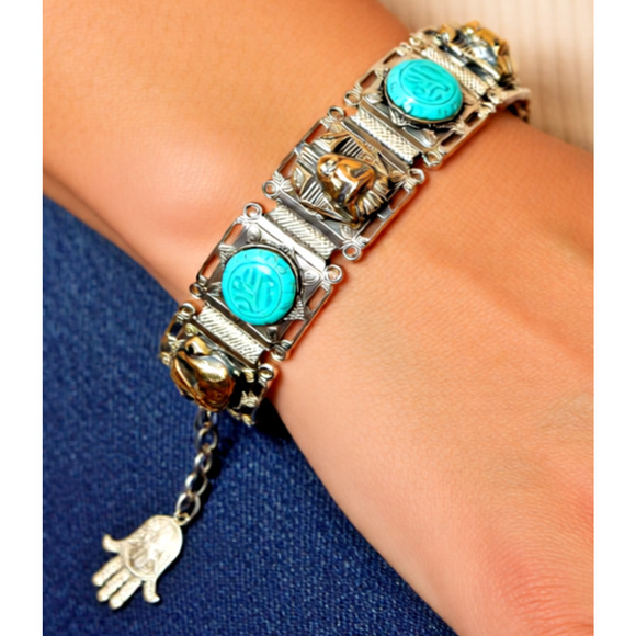 Unbranded Jewelry - Vintage Egyptian Revival Panel Bracelet Silver Tone Scarabs Pharoah Elephants